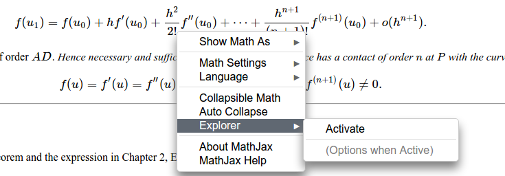 MathJax Menu with inactive Explorer submenu